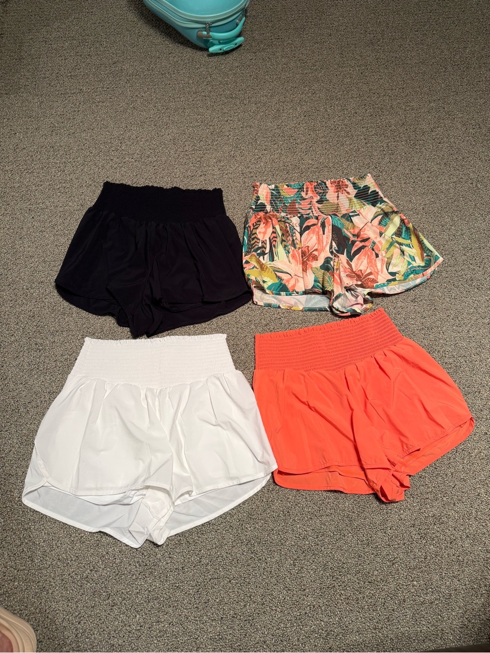Smocked-Waist Athletic Shorts β Coral, Black, White, Tropical Print